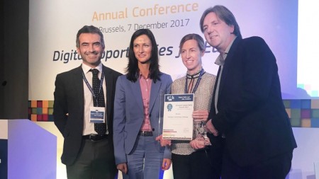 Alessandro Bogliolo, Mitglied des Governing Board der Digital Skills and Job Coalition; Mariya Gabriel, EU-Kommissarin für digitale Wirtschaft und Gesellschaft; Leslie Miller, Global Head of Public Policy and Government Relations bei Google; Marc Sundermann, Head of the Brussels Liaison Office, Vice President Government Relations bei Bertelsmann (v.l.n.r.)