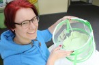 Frauke Hille begleitet im Fachbereich Umweltschutz die Schmetterlingszucht: Die Puppen hängen am Netz und brauchen eine bis mehrere Wochen, bis die Hülle gesprengt wird und der Distelfalter in sein kurzes Leben fliegt