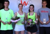 (U18 Finalisten): Die U18-Konkurrenz bei den Westfälischen Tenmnis-Jugendmeisterschaften bestimmten (von links): die Westfalenmeister Marcel Zielinski (Parkhaus Wanne-Eickel) und Jana Hecking (THC im VfL Bochum) sowie die Endspielteilnehmer Jaqueline Wagner (TC Neheim-Hüsten) und Fynn Künkler (SuS Bielefeld). © Simone Zettier (WTV)
