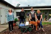 Barbara Düsterhöft (von links) von der Rödinghauser Gemeindeverwaltung und Nicolas Bröggelwirth von der Herforder AutorInnen-Gruppe übergaben eine Schubkarre voll mit Tierfutter an Christian Metz, Hund Nelson und Tierheimleiterin Kathrin Sander.Foto: Gemeinde Rödinghausen