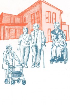 In dem Projekt wird die Tagespflege für Seniorinnen und Senioren untersucht. Illustration: Serafima Rayskina/ © FH Bielefeld