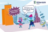 Ein Comic-Bild mit verschiedenen Gütersloher Gebäuden und den Figuren Kulturi und Kulturella.