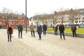 „Schnelle Eingreiftruppe“ mit Stadtakteuren und –akteurinnen: (v.l.) Lena Jeckel, Peter Oesterhelweg, Andreas Kerkhoff, Anne Vospeter, Jan-Erik Weinekötter, Markus Finke, Norbert Morkes, Micky Grohe. Foto:Stadt Gütersloh