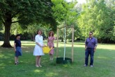 Die Vertreterinnen des Gütersloher Soroptimist International-Clubs (v.l.) Evelyn Heide, Katja Soehnle-Miele (Präsidentin) und Regina Korfmacher und überzeugten sich gemeinsam mit Marco Genser, stellvertretender Leiter Fachbereich Grünflächen bei der Stadt Gütersloh, von der Entwicklung der jungen Bäume, deren Pflanzung sie mit einer Spende unterstützt.Foto:Stadt Gütersloh