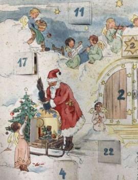 Der Weihnachtsmann brachte nicht nur einen prall gefüllten Sack, er hatte auch eine Rute dabei, um unartigen Kinder zu bestrafen. Hinter dem Türchen vom 6. Dezember verbarg sich ein übervoller Nikolausstiefel, den 1947 wohl nur wenige Kinder erhielten. Foto: LWL/Archiv für Alltagskultur