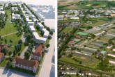 Das Alanbrooke-Quartier (Visualisierung links) hat den A-Status im Rahmen der REGIONALE 2022 erhalten, während das Zukunftsquartier (Luftbild links) einen großen Schritt weitergekommen ist und mit dem B-Status ausgezeichnet wurde.Foto:© Stadt Paderborn