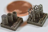 Foto (Universität Paderborn, Jan Tobias Krüger): Prototypen eines vom Lehrstuhl Werkstoffkunde mittels LPBF gefertigten Stents aus einem Eisen-Mangan-Silber-Mischmaterial im Vergleich zu einer 1-Cent-Münze.