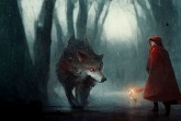 Rotkäppchen trifft den Wolf im dunklen Wald (KI-Kunstwerk Märchenmuseum Bad Oeynhausen)