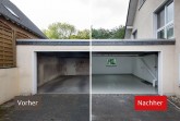 Vorher-Nachher-Vergleich einer feuchten und einer sanierten Garage.