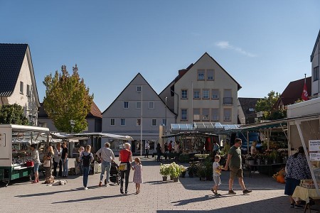 Besucherinnen und Besucher zwischen Marktständen auf dem Bürener Marktplatz bei sonnigem Wetter