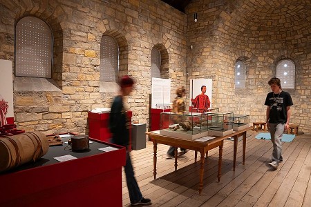 Besucherinnen und Besucher zwischen Vitrinen und Ausstellungsstücken in einem historischen Raum der Kaiserpfalz