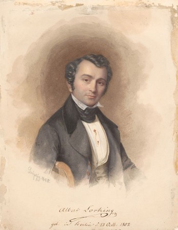 Gemaltes Porträt von Albert Lortzing im dunklen Anzug mit weißem Hemd und Halstuch.