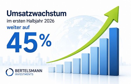 Grafik von Bertelsmann Investments zum Umsatzwachstum im ersten Halbjahr 2026 mit ansteigenden Balken und grünem Pfeil.