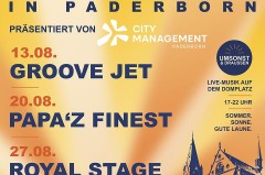 Gelb-blaues Veranstaltungsplakat „Donnerstags in Paderborn“ mit Live-Musik-Terminen am 13., 20. und 27. August auf dem Domplatz.