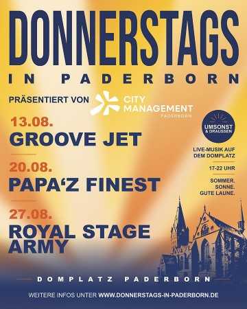 Gelb-blaues Veranstaltungsplakat „Donnerstags in Paderborn“ mit Live-Musik-Terminen am 13., 20. und 27. August auf dem Domplatz.