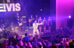 Elvis-Performer in weißem Bühnenanzug bei einem Konzert mit Band und Backgroundsängerinnen vor Publikum.