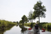 Zwei Personen fahren in einem Kanu auf einem ruhigen Fluss zwischen bewachsenen Ufern und Bäumen.