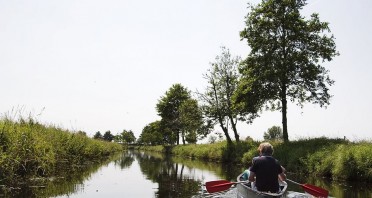 Zwei Personen fahren in einem Kanu auf einem ruhigen Fluss zwischen bewachsenen Ufern und Bäumen.
