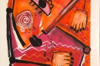 Abstrakte Druckgrafik in Orange, Rot und Schwarz mit stilisiertem Auge, Händen, Spirale und geometrischen Formen.