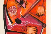 Abstrakte Druckgrafik in Orange, Rot und Schwarz mit stilisiertem Auge, Händen, Spirale und geometrischen Formen.
