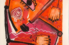 Abstrakte Druckgrafik in Orange, Rot und Schwarz mit stilisiertem Auge, Händen, Spirale und geometrischen Formen.