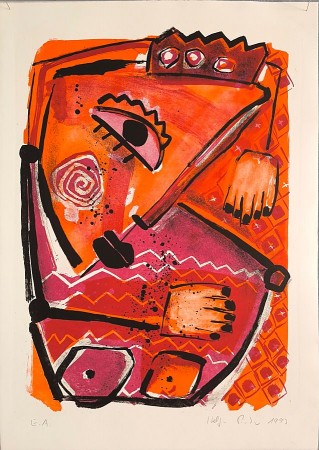 Abstrakte Druckgrafik in Orange, Rot und Schwarz mit stilisiertem Auge, Händen, Spirale und geometrischen Formen.
