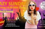 Farbenfrohes Veranstaltungsbanner zur Lazy Sunday Party im Bahnhof Bad Salzuflen mit Frau in Sonnenbrille, Diskokugel und Silhouetten tanzender Menschen.