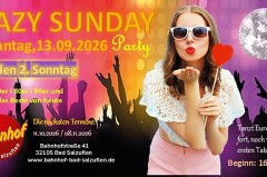 Farbenfrohes Veranstaltungsbanner zur Lazy Sunday Party im Bahnhof Bad Salzuflen mit Frau in Sonnenbrille, Diskokugel und Silhouetten tanzender Menschen.
