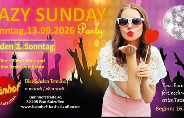 Farbenfrohes Veranstaltungsbanner zur Lazy Sunday Party im Bahnhof Bad Salzuflen mit Frau in Sonnenbrille, Diskokugel und Silhouetten tanzender Menschen.