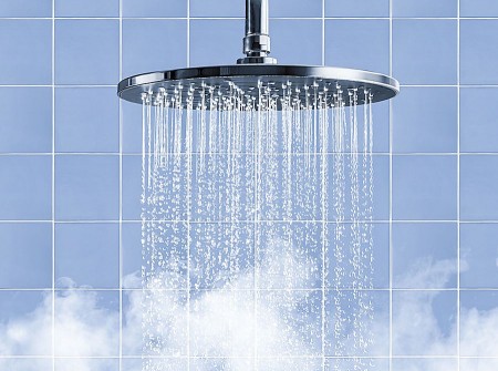 Großer Duschkopf mit laufendem Wasser vor einer blau gefliesten Wand.