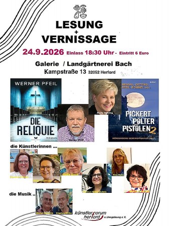 Veranstaltungsplakat zur Lesung und Vernissage in Herford am 24. September 2026 mit Buchcovern sowie Porträts der beteiligten Autorinnen, Autoren und Künstlerinnen.