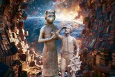 Zwei bronzefarbene Figuren, eine mit Katzenkopf und eine mit Steuerrad, stehen in einem Tunnel aus Büchern vor einer leuchtenden Weltraumkulisse.