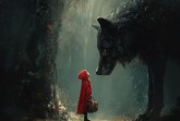 Rotkäppchen in rotem Umhang steht mit einem Korb in einem dunklen Wald einem übergroßen schwarzen Wolf gegenüber.
