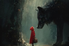 Rotkäppchen in rotem Umhang steht mit einem Korb in einem dunklen Wald einem übergroßen schwarzen Wolf gegenüber.
