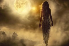 Frau im Kleid geht bei nebliger Dämmerung auf einen großen leuchtenden Mond zu.