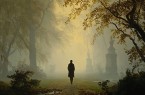 KI-generierte Darstellung eines einzelnen Spaziergängers in einem nebligen Park mit großen Bäumen und steinernen Denkmälern.