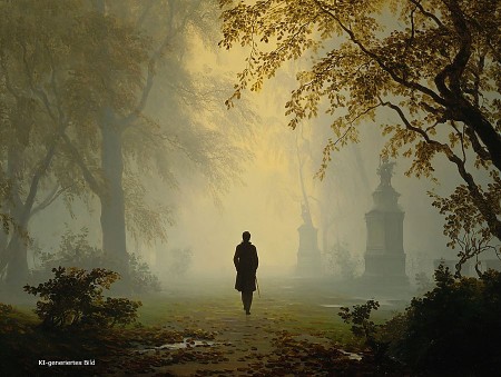 KI-generierte Darstellung eines einzelnen Spaziergängers in einem nebligen Park mit großen Bäumen und steinernen Denkmälern.