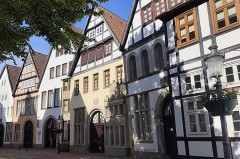 Historische Fachwerkhäuser des Mindener Museums an einer gepflasterten Straße unter blauem Himmel.