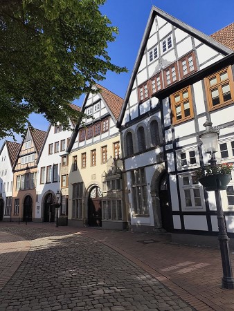 Historische Fachwerkhäuser des Mindener Museums an einer gepflasterten Straße unter blauem Himmel.
