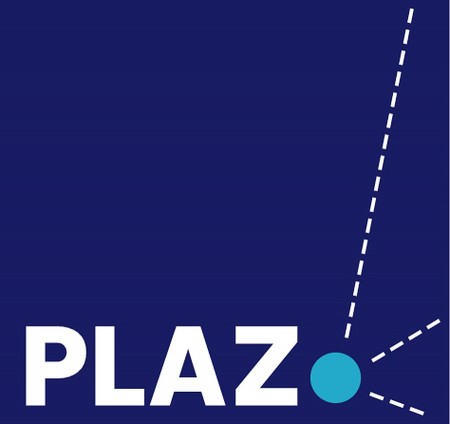 PLAZ-Logo: weiße Buchstaben „PLAZ“ auf dunkelblauem Hintergrund mit türkisfarbenem Kreis und weißen gestrichelten Linien.