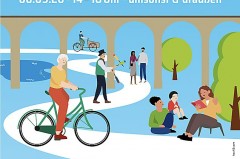 Plakat zur RadKulTour Bielefeld am 6. September 2026 mit Illustration von Radfahrenden, Kulturszenen und der Route durch Bielefeld.