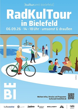 Plakat zur RadKulTour Bielefeld am 6. September 2026 mit Illustration von Radfahrenden, Kulturszenen und der Route durch Bielefeld.