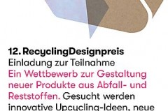 Plakat zum 12. RecyclingDesignpreis mit abstrakten farbigen Formen sowie Angaben zu Bewerbungsschluss, Preisen und Jury.