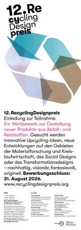 Plakat zum 12. RecyclingDesignpreis mit abstrakten farbigen Formen sowie Angaben zu Bewerbungsschluss, Preisen und Jury.