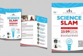 Plakat und Flyer zum Science Slam der Dr. Hans Riegel-Stiftung am 25. September 2026 im Lokschuppen Bielefeld.