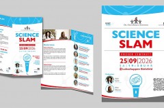 Plakat und Flyer zum Science Slam der Dr. Hans Riegel-Stiftung am 25. September 2026 im Lokschuppen Bielefeld.