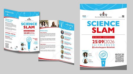Plakat und Flyer zum Science Slam der Dr. Hans Riegel-Stiftung am 25. September 2026 im Lokschuppen Bielefeld.