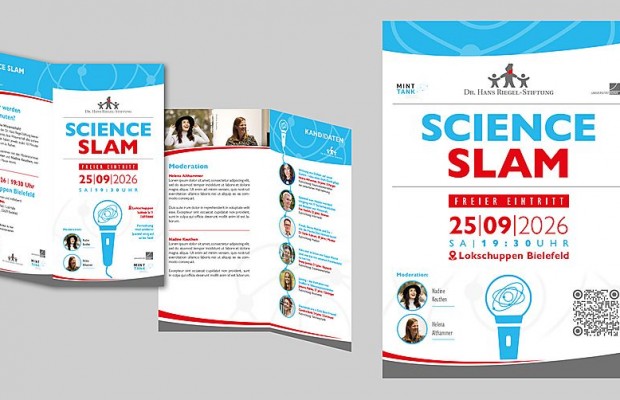 Plakat und Flyer zum Science Slam der Dr. Hans Riegel-Stiftung am 25. September 2026 im Lokschuppen Bielefeld.