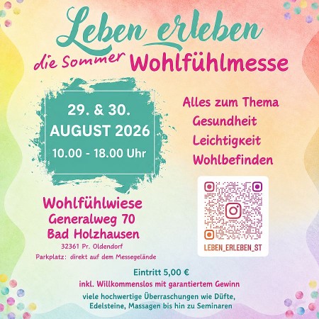 Flyer zur Sommer-Wohlfühlmesse in Bad Holzhausen am 29. und 30. August 2026 mit Termin, Adresse und Eintrittspreis.