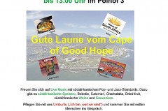 Veranstaltungsplakat „Südafrika in Schwalenberg“ mit Tafelberg-Motiv und Hinweisen zu Live-Musik, Speisen, Wein und Souvenirs.